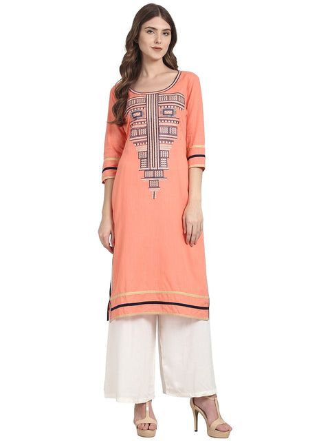 Nayo Peach 3/4 sleeve cotton Slub kurta with embroidery work