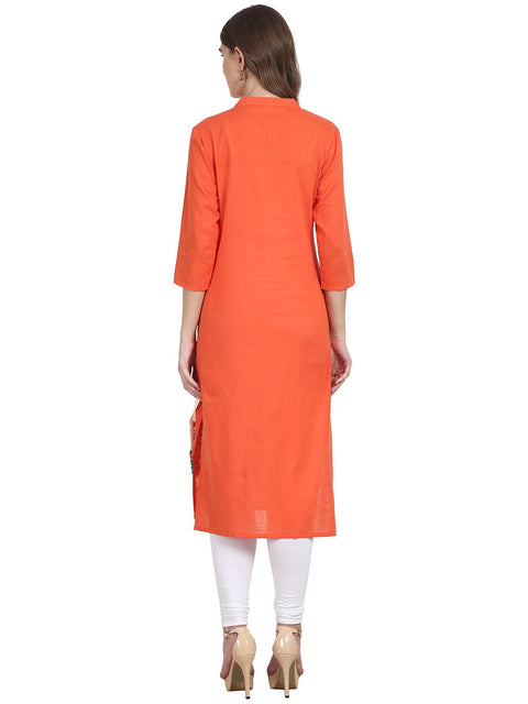 Nayo Women Orange 3/4 sleeve cotton slub kurta with Embroidery work