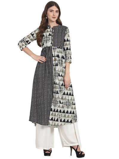 Nayo Grey printed 3/4 sleeve cotton A-line kurta