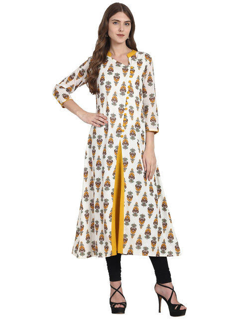 Nayo Women White printed 3/4th sleeve cotton A-line kurta