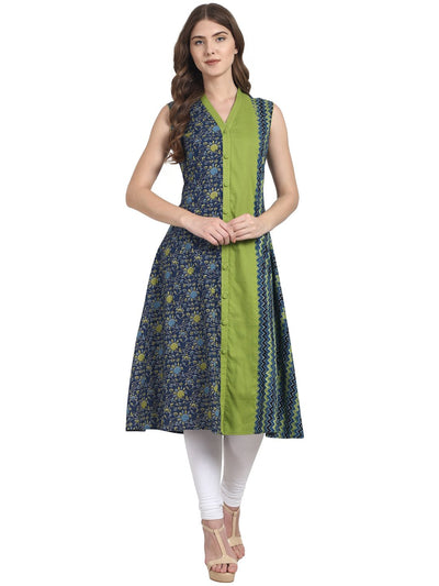 Nayo Green sleevless front open cotton kurta