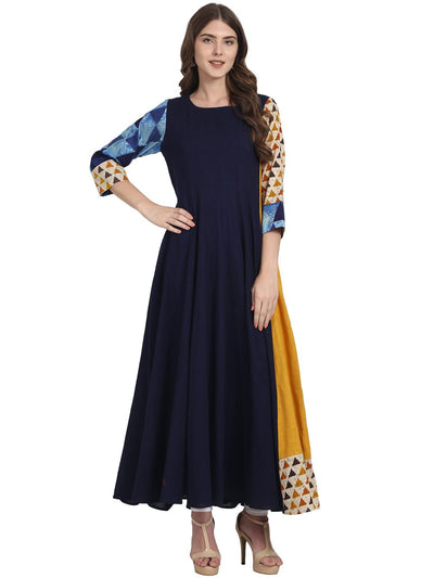 Nayo Women Navy blue 3/4th sleeve cotton slub anarkali kurta