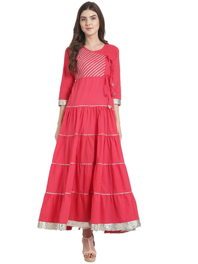 Nayo Red 3/4th sleeve tiered cotton anarkali kurta with lace work