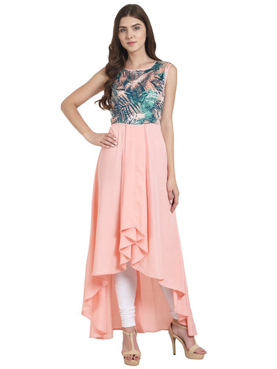 Nayo Peach sleeveless crepe Low high anarkali kurta with printed yoke