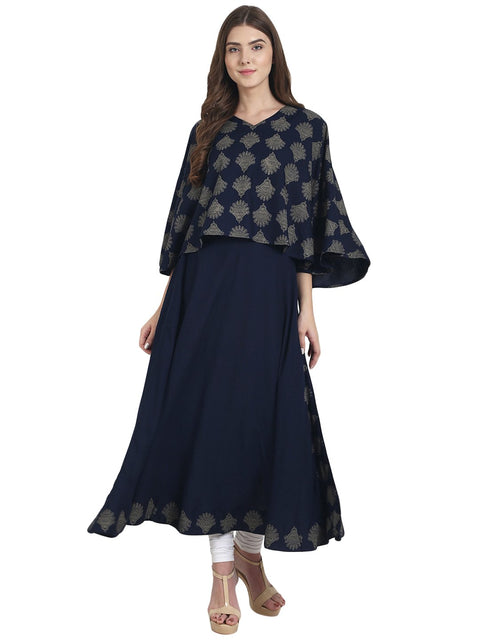 Nayo Navy blue Flared sleeve Rayon A-line kurta with printed jacket