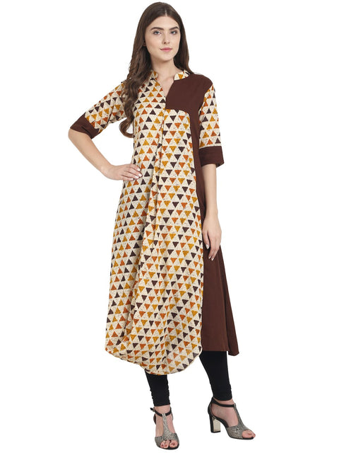 Nayo Yellow half sleeve cotton half A-line cowl draped kurta