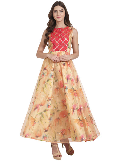 Nayo Peach printed dupion Anarkali with two tone pink dupion silk yoke with gota work with all over sequenced layered net