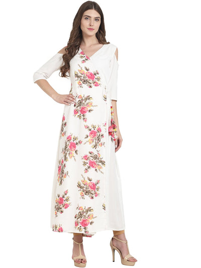Nayo White flower printed 3/4th sleeve crepe angrakha kurta