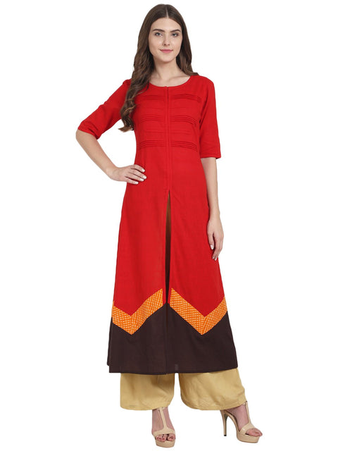 Nayo Red half sleeve cotton A-line front slit kurta