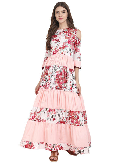 Nayo Women White & Peach Floral printed crepe tiered anarkali kurta with cold shoulder sleeve