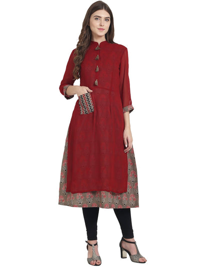 Nayo Women Maroon 3/4th sleeve cotton A-line kurta with Maroon georgette layer