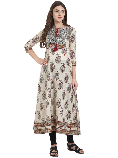 Nayo Beige printed 3/4th sleeve cotton A-line kurta