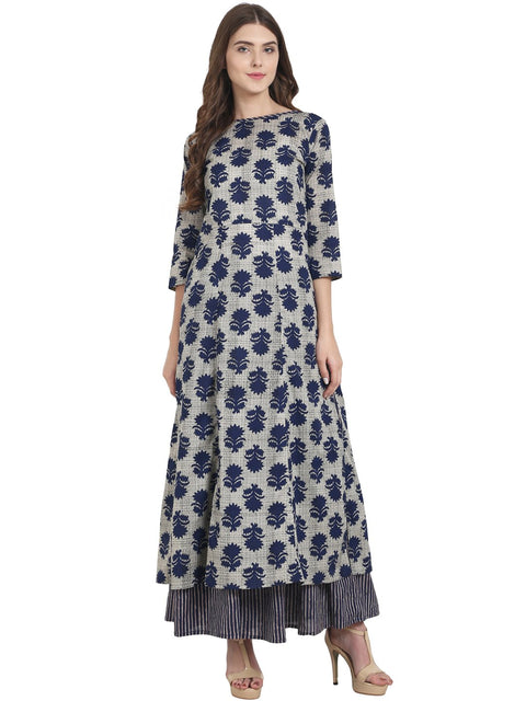 Nayo Blue printed cotton long A-line kurta with blue printed anarkali skirt