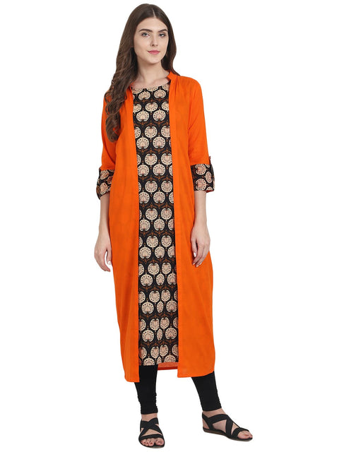 Nayo Women Brown printed cotton kurta with 3/4th sleeve orange long jacket