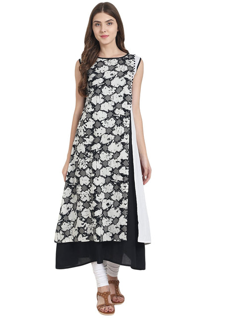 Nayo Women Black Sleevless cotton A-line kurta with printed layer