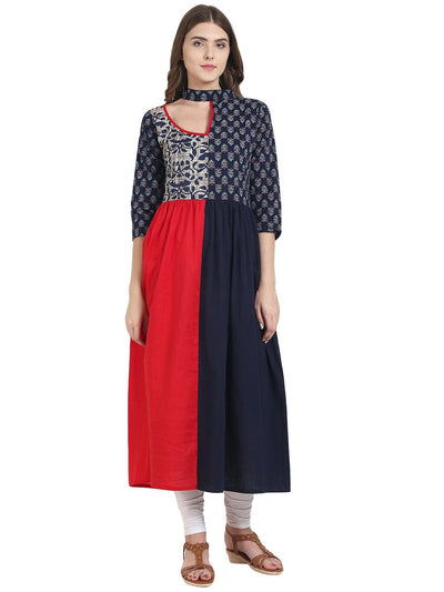 Nayo Navy blue & red cotton Anarkali kurta with printed Yoke