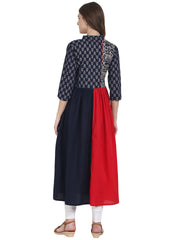 Nayo Navy blue & red cotton Anarkali kurta with printed Yoke