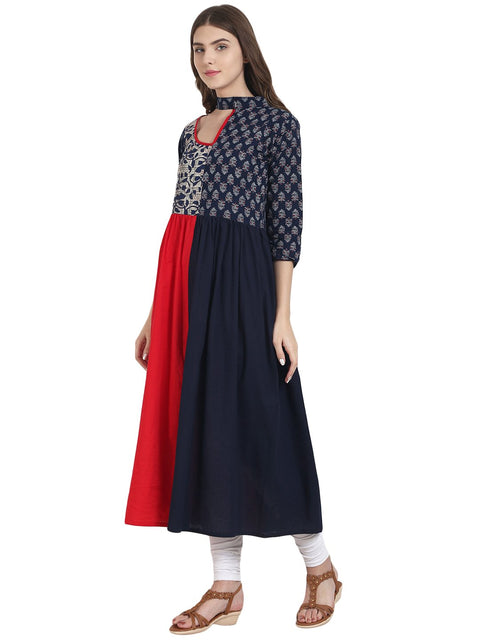 Nayo Navy blue & red cotton Anarkali kurta with printed Yoke