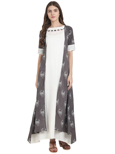 Nayo Women Grey printed half sleeve cotton floor length A-line kurta