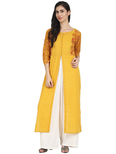 Nayo Mustard Yellow cotton 3/4th sleeve front slit kurta