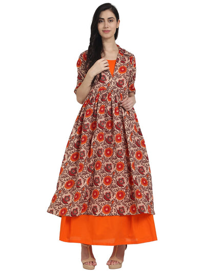 Nayo Women Orange printed half sleeve cotton double layer anarkali kurta