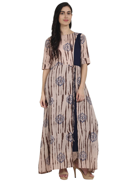 Nayo Nude printed Half sleeve cotton front slit floor length double layer kurta