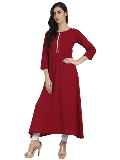 Nayo Maroon 3/4th sleeve cotton A-line kurta with block printed in yoke & border