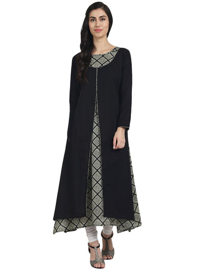 Nayo Black & Grey printed 3/4th sleeve cotton A-line double layer kurta