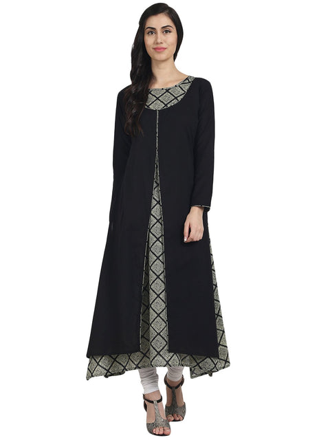 Nayo Black & Grey printed 3/4th sleeve cotton A-line double layer kurta
