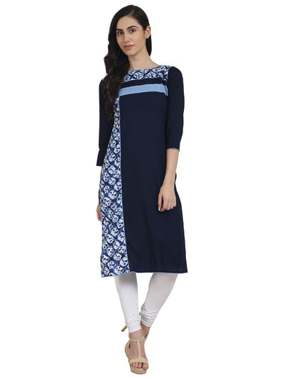 Nayo Navy Blue cotton 3/4th Sleeve A-line Kurta