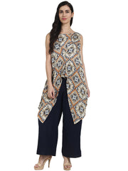 Blue printed crepe sleeveless assymetric kurta with navy blue palazzo