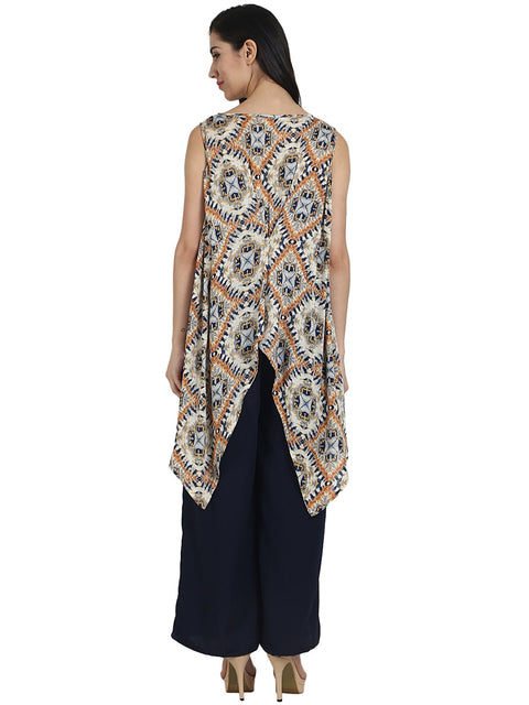 Blue printed crepe sleeveless assymetric kurta with navy blue palazzo