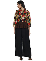 Black printed crepe cold shoulder 3/4th sleeve top with solid black palazzo having one side pocket