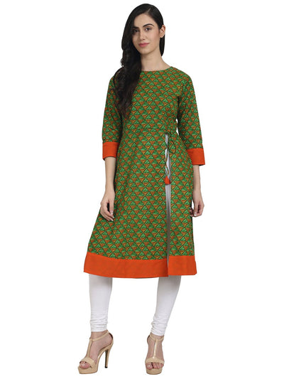 Nayo Green printed 3/4th Sleeve A-line Kurta with Side Cut