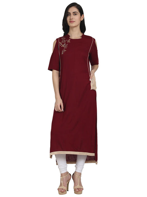 Nayo Maroon cotton cold shoulder half sleeve low high kurta with embridery work