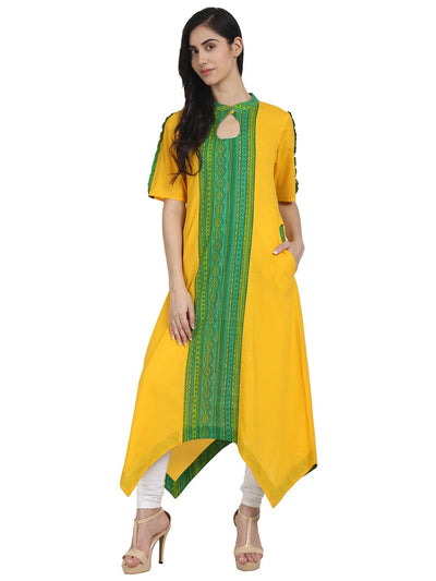 Nayo Yellow & Green printed half sleeve cotton assymetric A-line kurta