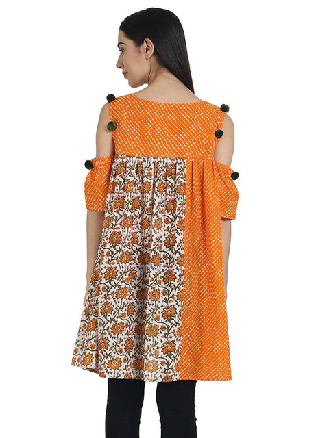 Nayo Orange printed cotton cold shoulder half sleeve pleated tunics