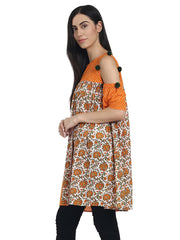 Nayo Orange printed cotton cold shoulder half sleeve pleated tunics