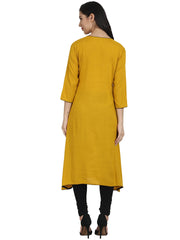 Solid Yellow 3/4th Sleeve rayon A-line Kurta with pleats work at yoke