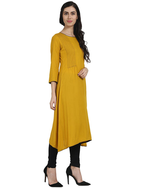 Solid Yellow 3/4th Sleeve rayon A-line Kurta with pleats work at yoke