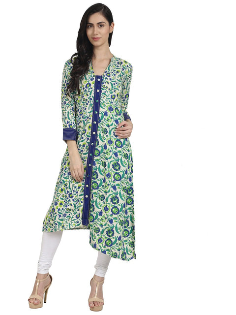 Nayo Women Green printed 3/4th Sleeve rayon Assymetric Kurta with Front Open