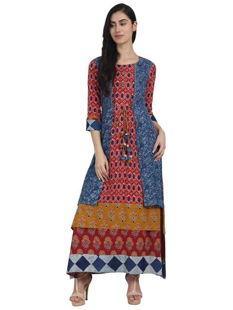 Nayo Blue printed 3/4th sleeve cotton A-line kurta