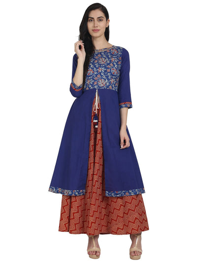 Nayo Blue & red printed cotton 3/4th sleeve double layer kurta