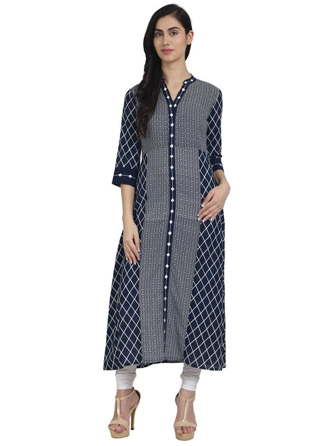 Nayo Women Blue printed cotton 3/4th sleeve front open A-line kurta