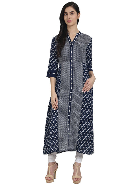 Nayo Blue printed cotton 3/4th sleeve front open A-line kurta