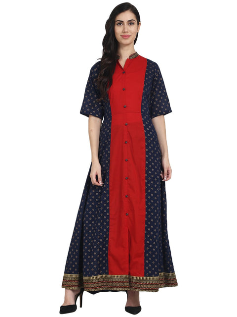 Nayo Blue printed cotton half sleeve front open floor length A-line kurta