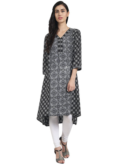 Nayo Black printed 3/4th sleeve cotton low-high kurta