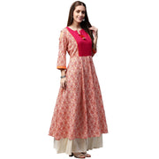 Peach printed 3/4th sleeve cold shoulder cotton slub Anarkali kurta