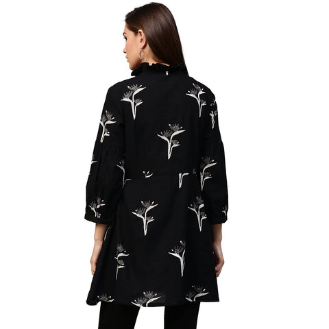 Black printed 3/4th Sleeve Cotton Flared tunic