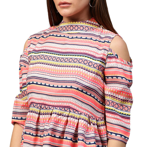 Multi printed 3/4th Sleeve cold shoulder Assymetric tunic
